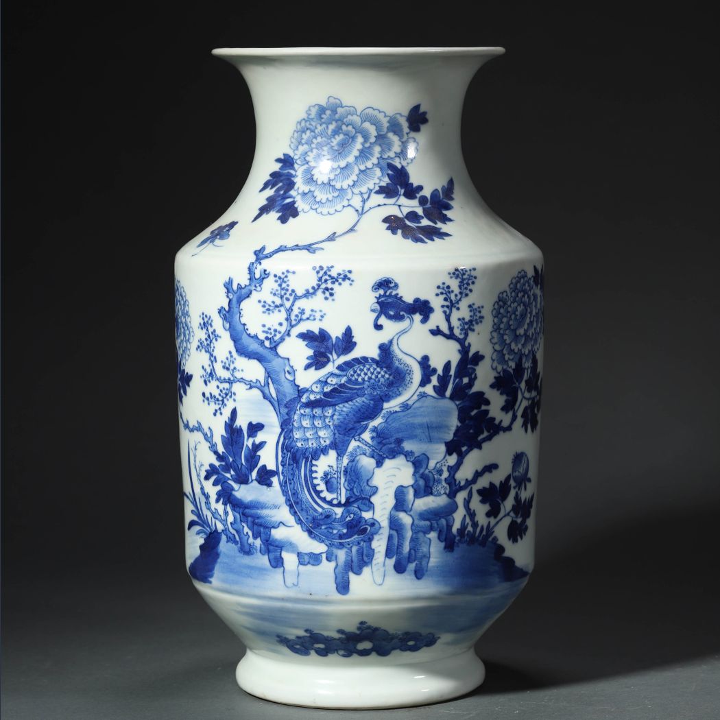 大清乾隆年製款 青色銘 彩絵 花鳥図 灯籠形 花瓶 精巧作 保存良好　花入れ 清乾隆青花凤凰牡丹灯笼瓶- 明清- 瓷器- 华夏收藏网